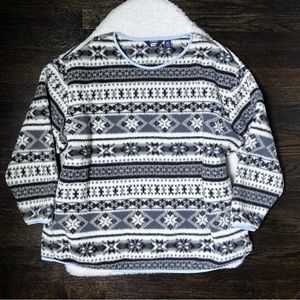 Land’s End Black and White Sherpa Fleece Fair Isle Sweater